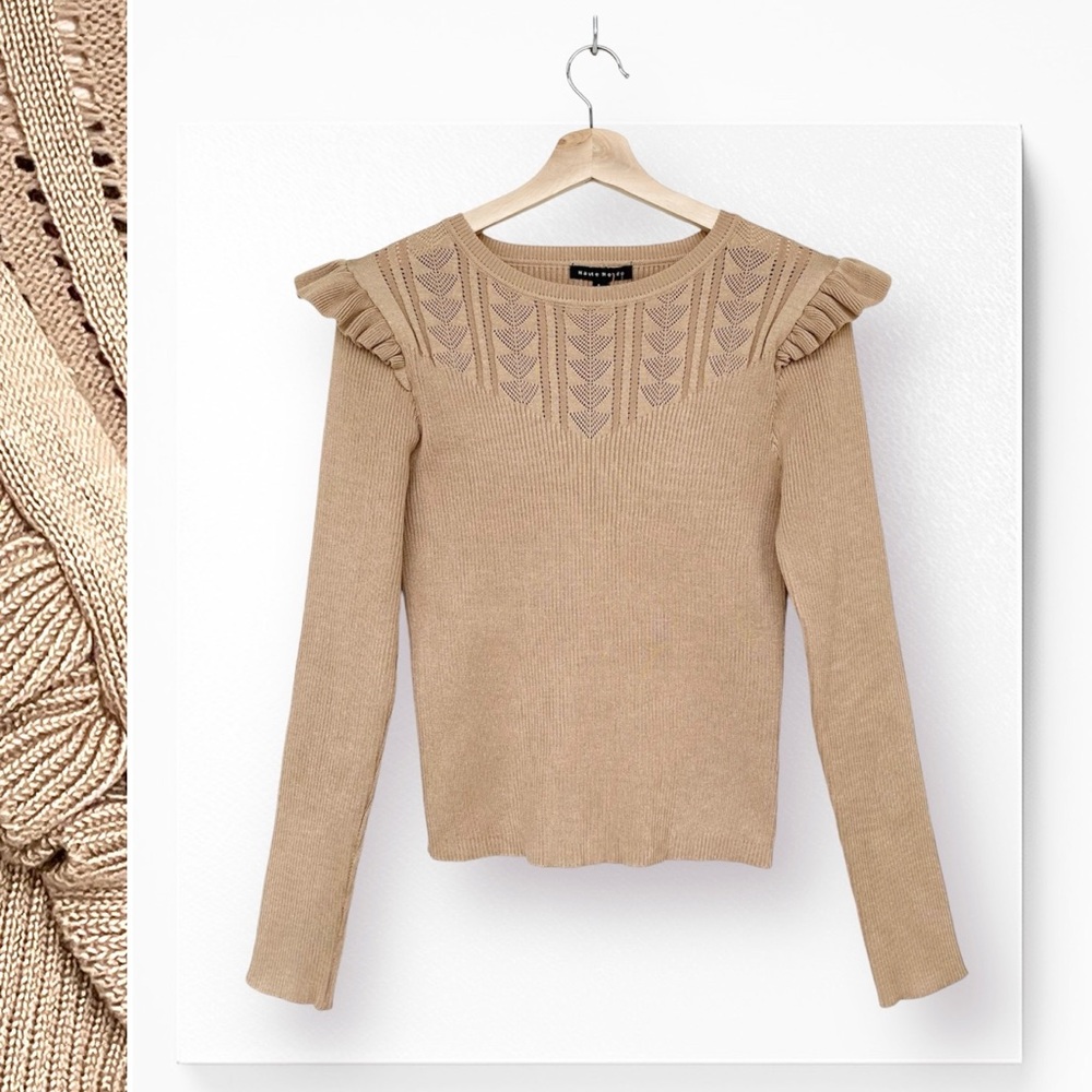 Haute Monde Knit Sweater Ruffle Shoulder Long Sleeve Crew Neck  Ribbed Pullover